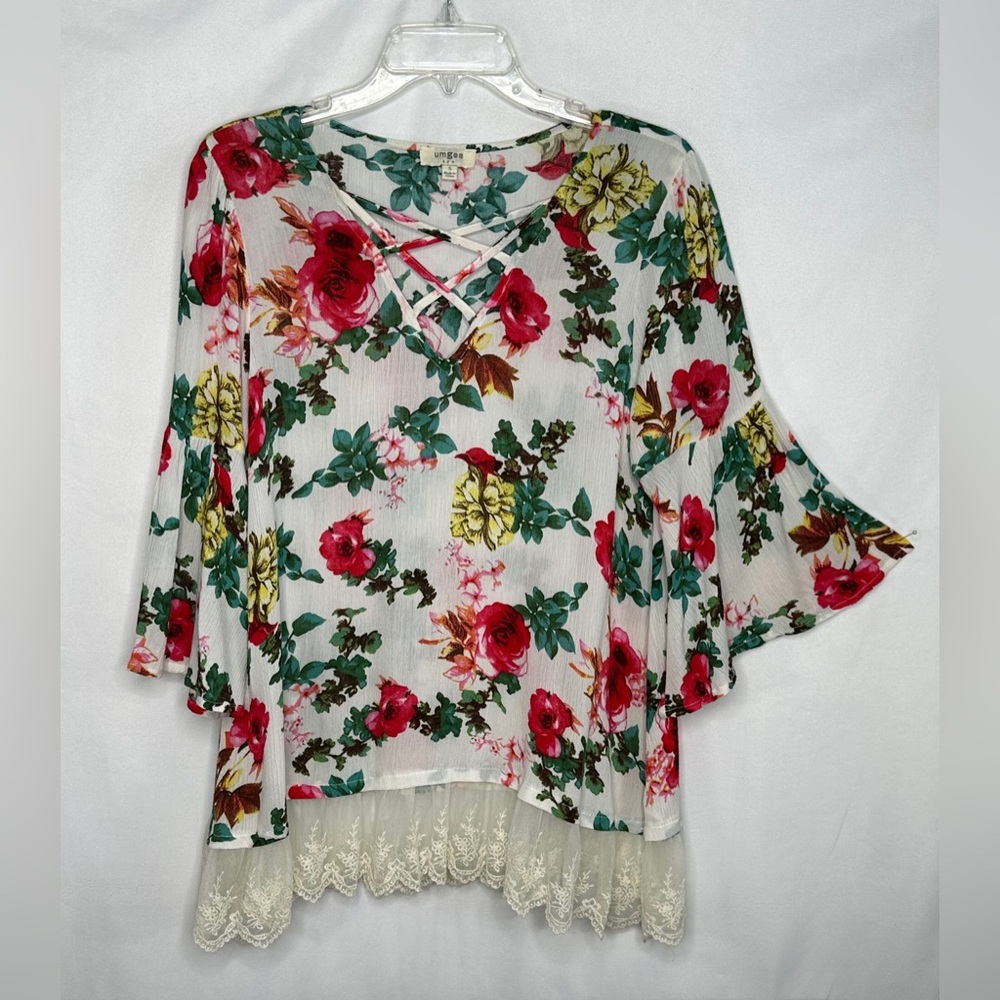 Umgee White Floral Tunic Criss Cross V Neck Bell Sleeves Lace Cottagecore Sz S